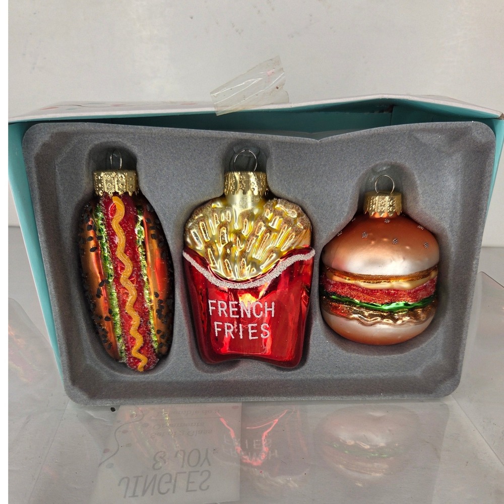 Jingles & Joy Fast Food Glass Ornaments Set of 3 Hot Dog French Fries Burger